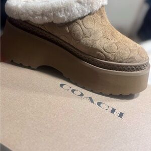 Coach Tan Suede Platform Clog with Shearling Trim